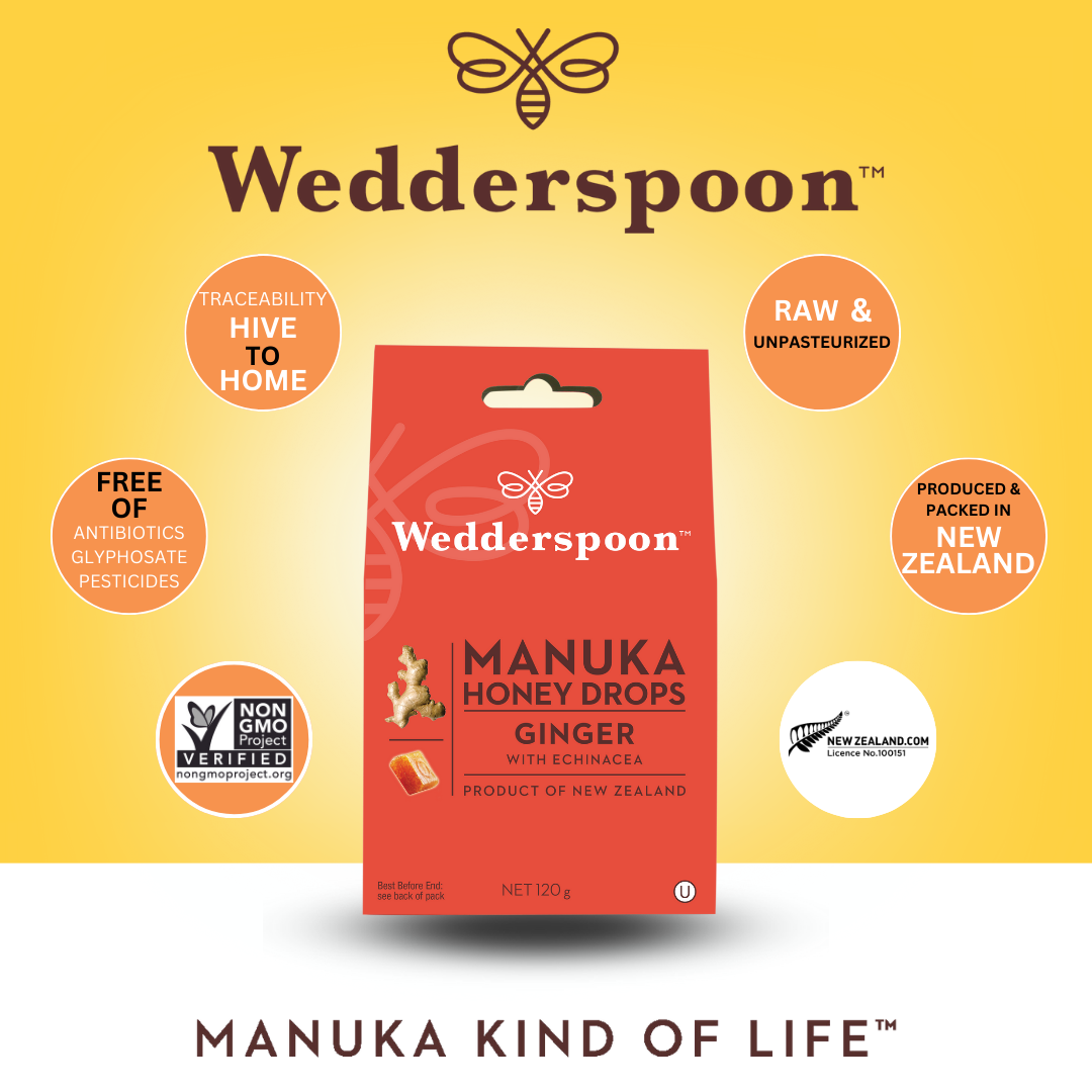 Wedderspoon Manuka honey drops with ginger red packet of throat lozenges showing ginger root and honey logo
