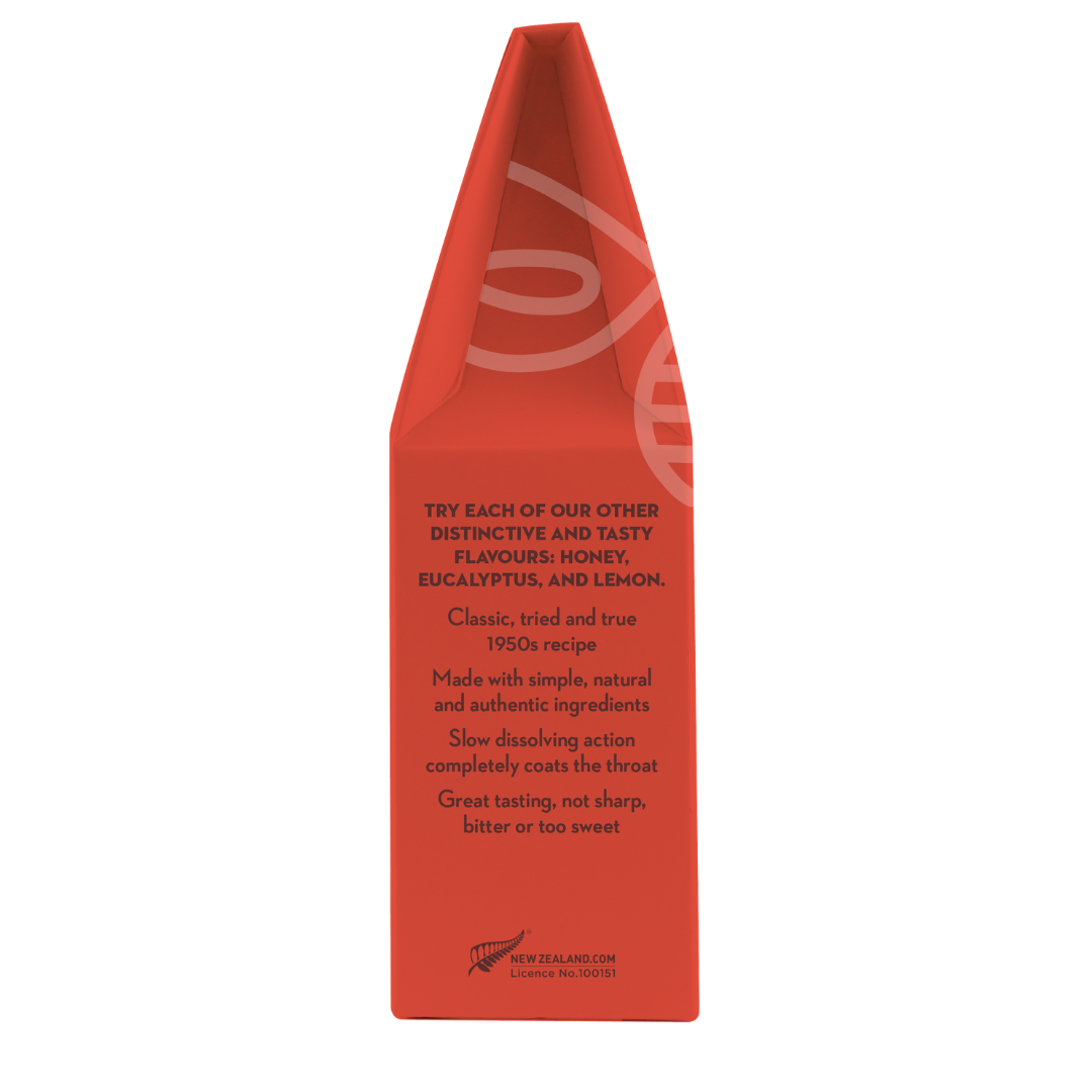 Wedderspoon red carton packaging for throat lozenges showing Manuka honey drops with ginger flavour