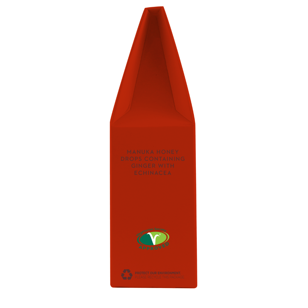 Wedderspoon throat lozenges red carton of Manuka honey drops with ginger for soothing sore throats