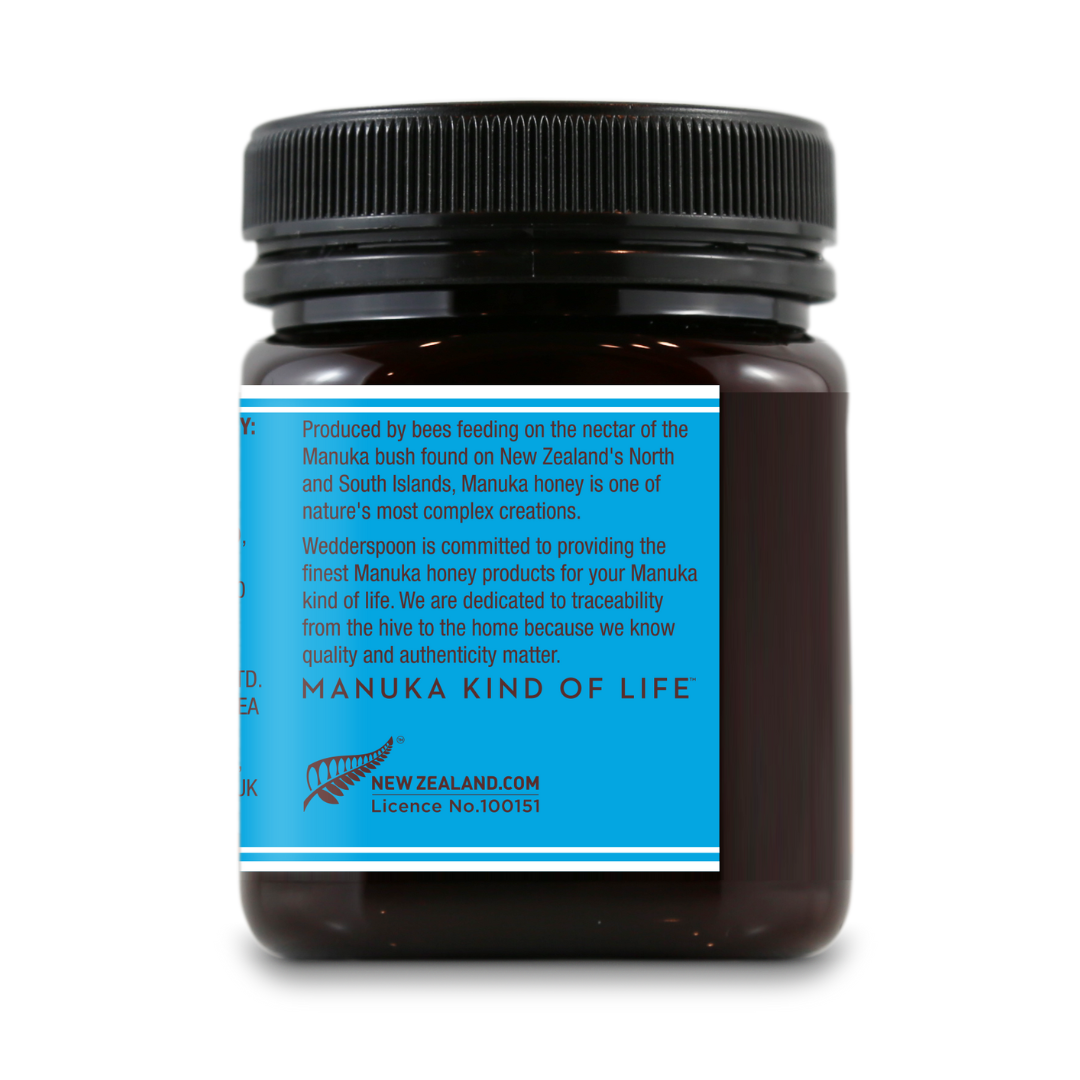 Wedderspoon raw manuka honey 250g kfactor 12 jar with blue label showing product and quality details