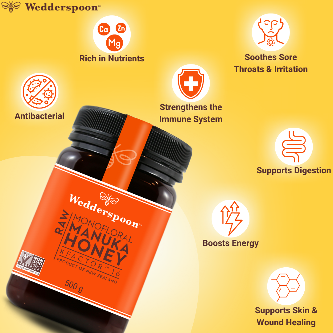 Wedderspoon raw Manuka honey KFactor 16 jar rich in nutrients and antibacterial for immune support