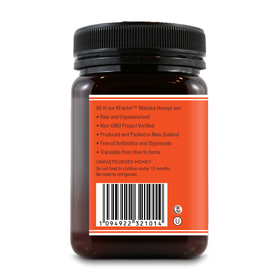 Wedderspoon raw Manuka honey KFactor 16 jar showing label with product details and barcode