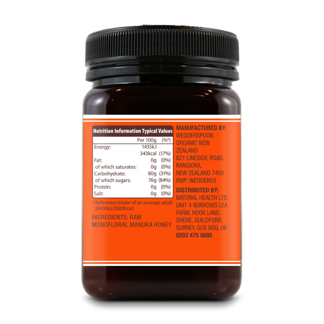 Wedderspoon jar showing nutrition and manufacturing details of raw Manuka honey KFactor 16