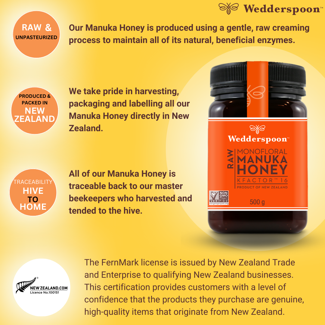 Wedderspoon raw Manuka honey KFactor 16 jar 500g with orange label from New Zealand