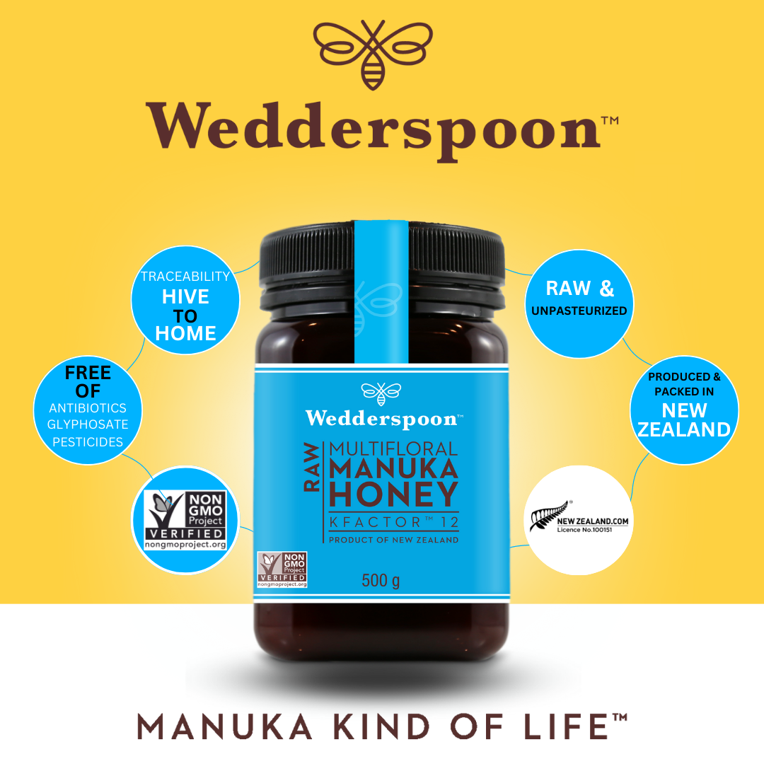 Wedderspoon raw Manuka honey natural affordable 500g jar with multifloral Manuka honey label