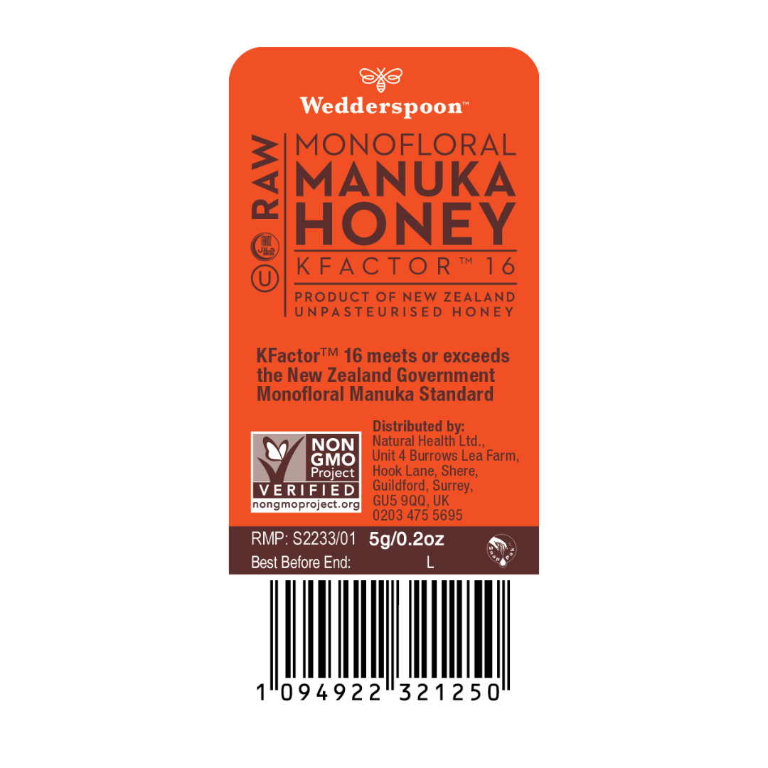 Wedderspoon raw Manuka honey travel sachets with KFactor 16 label and barcode for easy use