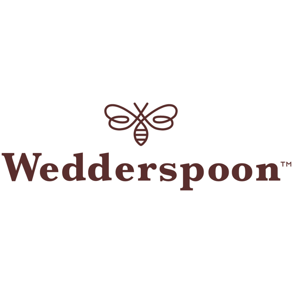 Wedderspoon logo for raw Manuka honey travel sachets brand with stylized bee icon