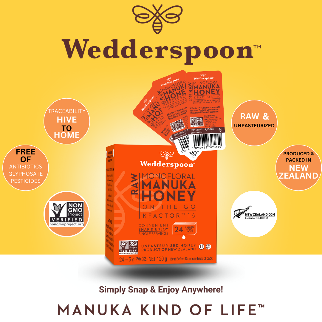Wedderspoon raw Manuka honey travel sachets in bright orange box with three sachets displayed