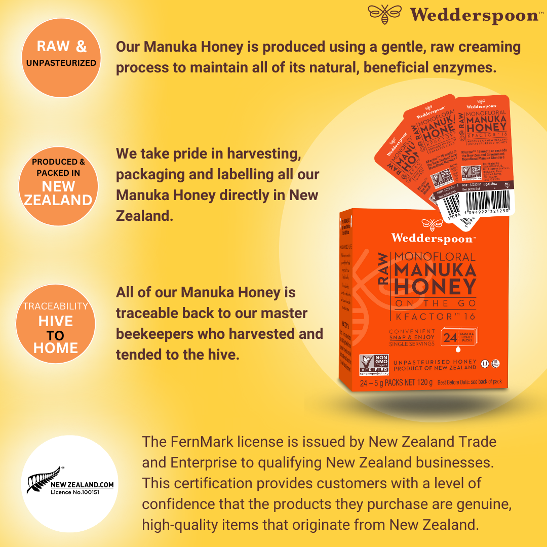 Wedderspoon raw Manuka honey travel sachets box with sachets showing New Zealand origin and natural benefits