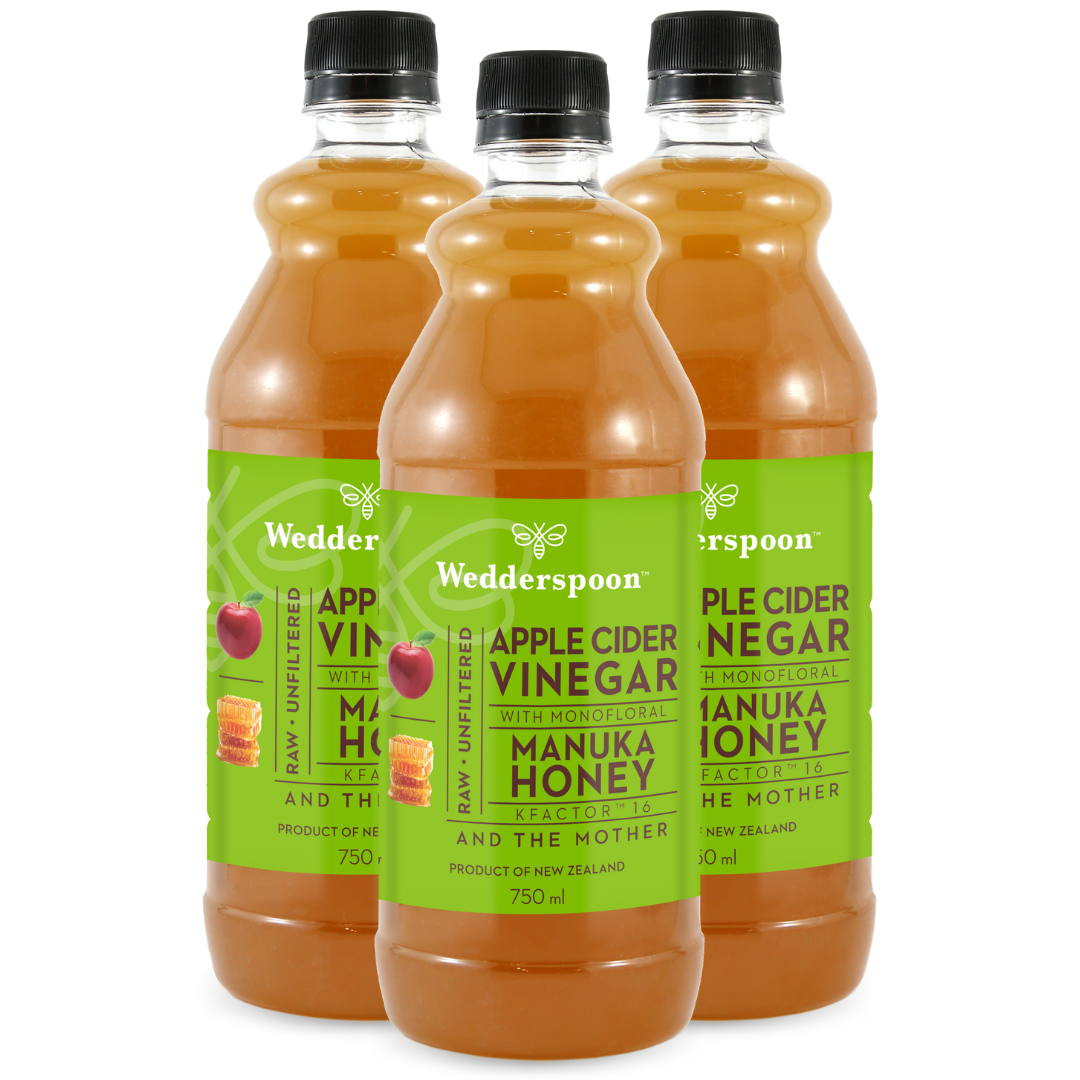 Wedderspoon Apple Cider Vinegar with Manuka Honey 750ml Triple Pack bottles with green labels