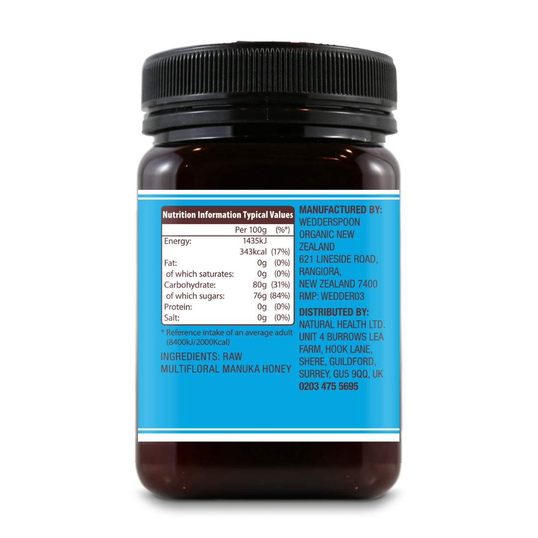 Wedderspoon KFactor 12 honey jar showing nutrition facts and ingredients label on the back