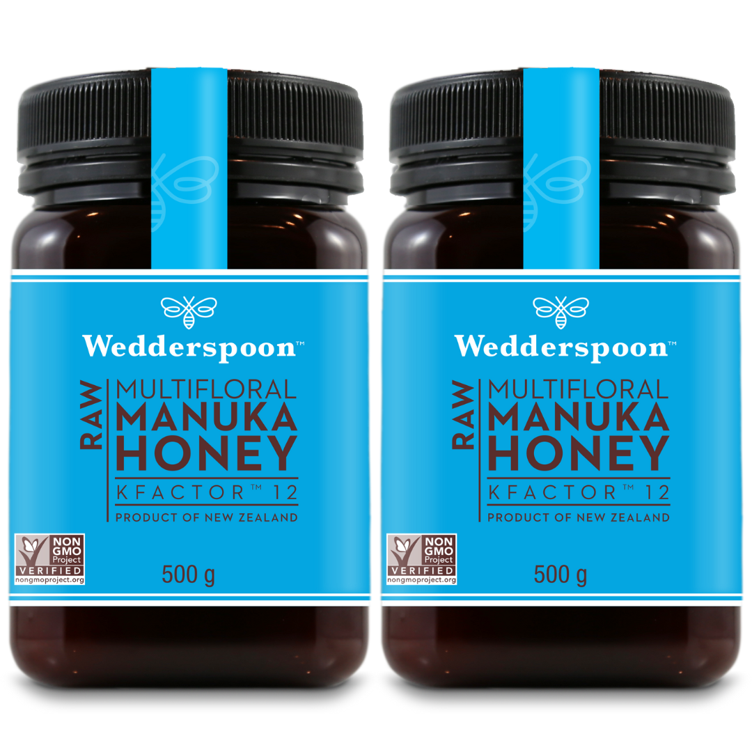Two jars of Wedderspoon KFactor 12 honey raw multifloral Manuka honey 500g each