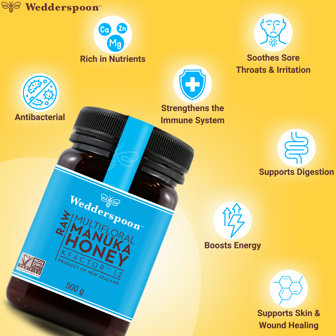 Wedderspoon KFactor 12 honey jar with benefits like antibacterial, immune support, energy boost, and digestion aid