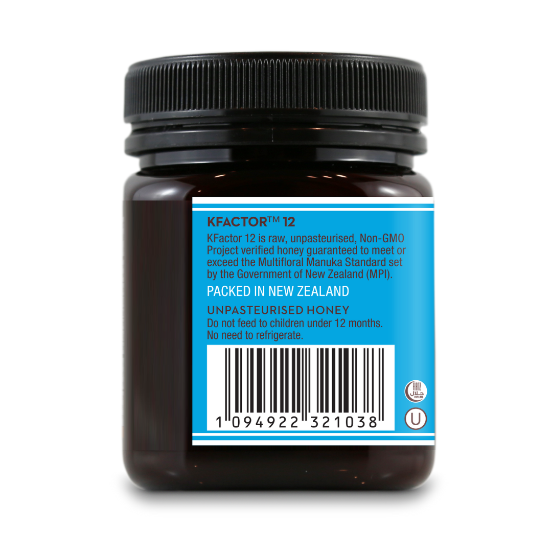 Wedderspoon Raw Manuka Honey KFactor 12 250g Triple jar back label showing product details and barcode
