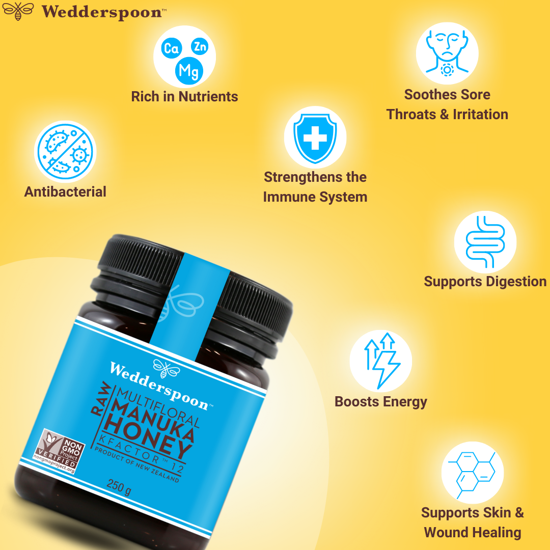 Wedderspoon Raw Manuka Honey KFactor 12 250g Triple jar showing health benefits like immunity and digestion support