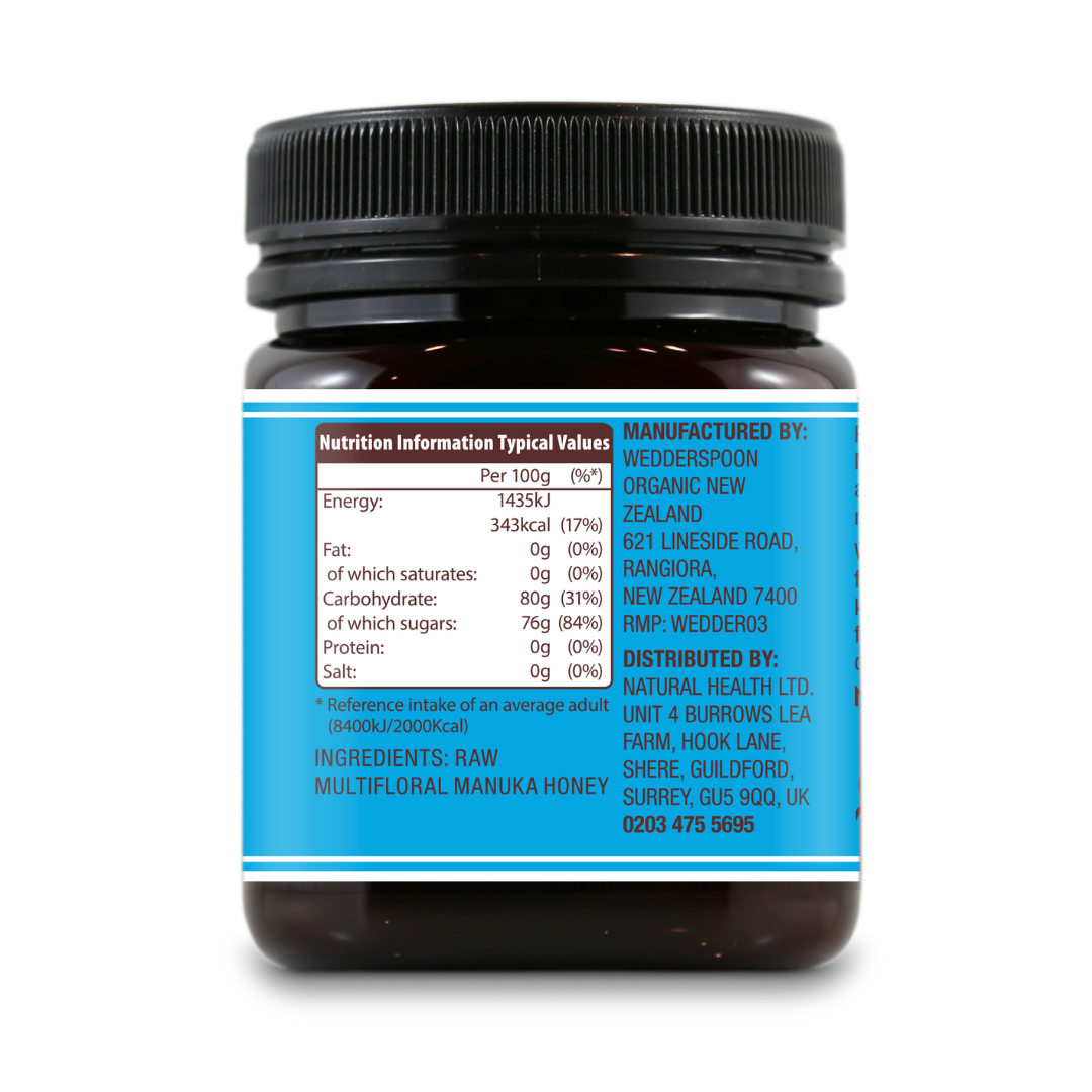 Wedderspoon Raw Manuka Honey KFactor 12 250g Triple jar showing nutrition and manufacturing details