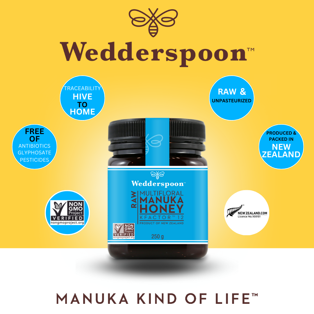 Wedderspoon Raw Manuka Honey KFactor 12 250g Triple in a blue labelled jar with purity and origin highlights