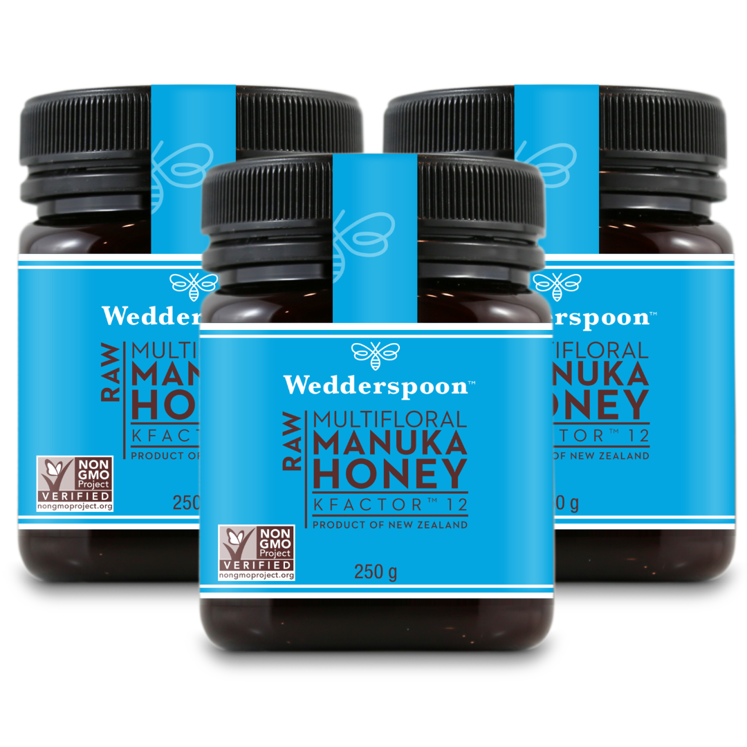 Wedderspoon Raw Manuka Honey KFactor 12 250g Triple pack in blue labelled jars from New Zealand